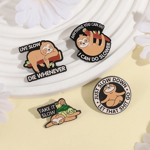 Set of four cartoon sloth enamel pins with funny slogans on warm yellow background