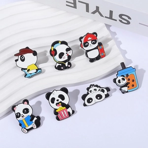 Set of 7 cute cartoon panda enamel pins featuring sports, snacks, and music themes