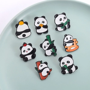 Cartoon panda enamel pins set featuring cute pandas holding bamboo and playing with toys