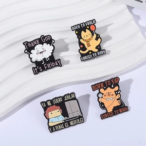 Set of 4 cute cartoon animal enamel pins featuring funny motivational work-themed quotes