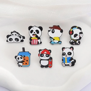 Set of 7 cute cartoon panda enamel pins featuring various activities like eating and skating