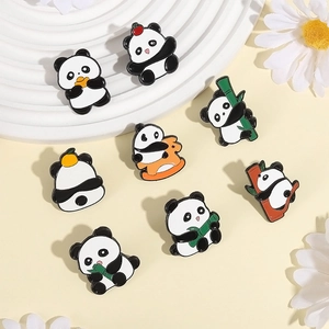 Cute panda enamel pins set featuring eight creative poses eating bamboo and riding hobby horse