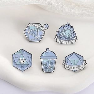 5-piece set of pastel D20 dice enamel pins featuring creative RPG game cartoon themes