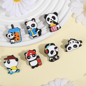 Set of 7 cute cartoon panda enamel pins featuring various snacks and activity poses