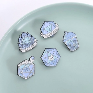 Five-piece set of cute blue enamel D20 dice lapel pins for Dungeons and Dragons fans