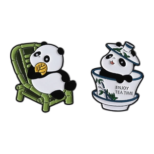 Cute panda enamel pin set featuring a panda in bamboo chair and teacup design