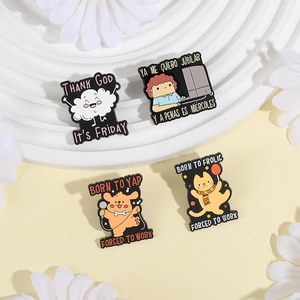 Funny enamel pin set featuring cartoon cat dog and cloud with humorous social text