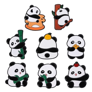 Set of eight cute cartoon panda enamel pins featuring various bamboo eating poses