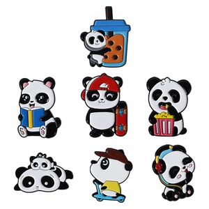 Set of 7 cartoon panda enamel pins featuring milk tea and book motifs for backpacks