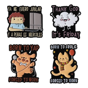 Creative enamel pins set featuring cartoon cat, dog and office worker with funny quotes