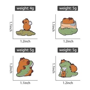 Détail de quatre broches en émail capybara et crocodile avec dimensions et poids précis