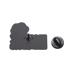 Cartoon animal badge back detail showing black matte pin and rubber clutch fastener