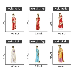 Detailed size chart showing 6 Dream of the Red Chamber pins with weight and dimensions