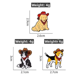 Detailed size and weight chart for three cute cowboy dog enamel pins with dimensions