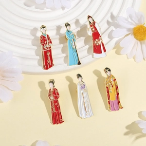 Traditional Chinese enamel brooch set featuring 6 classical figures with golden details