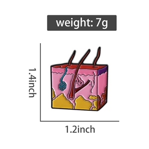 Macro detail of enamel pin showing human skin anatomy structure with dimensions
