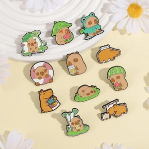 Set of cute Capybara enamel pins featuring summer themes and colorful cartoon designs