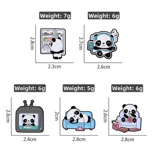 Detail showing cartoon panda enamel pins set with dimensions and weight measurements