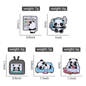 Detailed size and weight specs for five cute panda enamel pins in various poses
