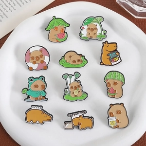 Cartoon Capybara enamel pin set featuring summer watermelon and frog hat designs