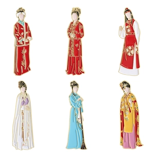 Set of six Chinese ancient costume enamel pins featuring colorful cartoon character badges