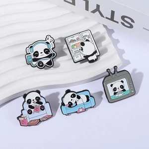 Detailed close-up of five cute panda enamel pins in various cartoon poses and soft colors