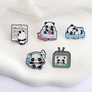 Five cute cartoon panda enamel pins in various home life scenes on a white display