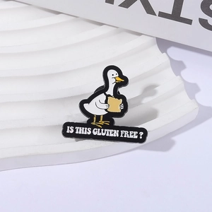 Funny cartoon duck enamel pin badge with "IS THIS GLUTEN FREE?" slogan design