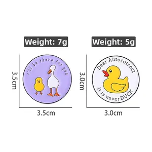 Detailed size and weight specs for round enamel Silly Goose pins with cute duck patterns