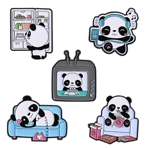 Set of 5 cute cartoon panda enamel pins featuring various creative daily life scenes