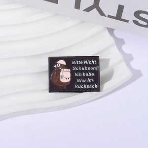 Cartoon pigeon enamel pin with German humor text Bitte Nicht Schubsen for backpacks