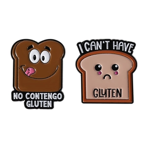 Niedliche Cartoon Toast Emaille Pins Set mit glutenfreiem Text auf weißem Grund