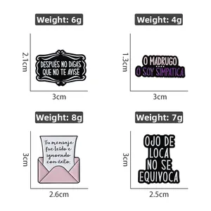 Detail view of four enamel pins with weights and size dimensions for creative accessories