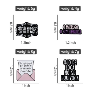 Detailed view of four colorful enamel lapel pins with sizes and weights specifications