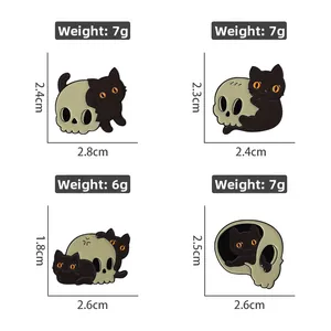Detail view of four Halloween black cat enamel pins with skull patterns and size specs