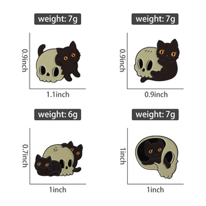 Detailed size chart for four unique enamel black cat and skull pins for Halloween