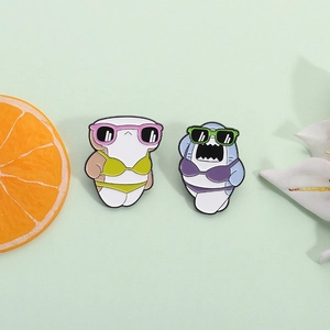 Cute summer shark enamel pins featuring hammerhead and shark in sunglasses and bikinis
