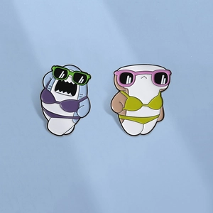 Funny Cartoon Shark Bikini Sunglasses Enamel Brooch Pins Creative Summer Beach Style Ocean Animal Badge Jewelry Accessories