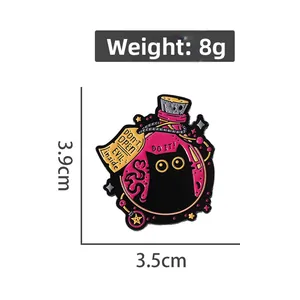 Detailed dimensions of cartoon black cat potion enamel pin showing 3.9cm height and 8g weight