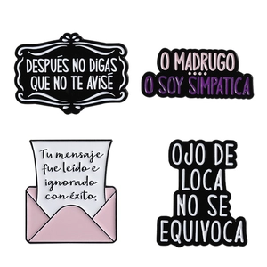 Set of 4 Spanish slogan enamel pins with letter envelope design in zinc alloy