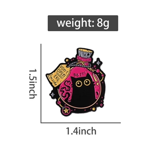 Detail view of black cat magic potion bottle enamel pin with size and weight specs