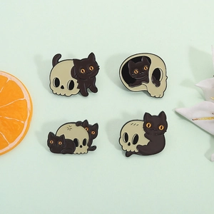 Set of 4 black cat and skull enamel pins in dark aesthetic for Halloween accessories