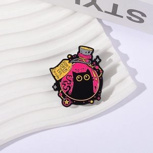 Black cat in magic potion bottle enamel pin with Don't Open Evil Inside text