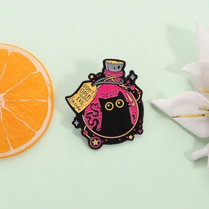 Cartoon Black Cat Potion Bottle Enamel Pin Magic Pink Fluid Jar Brooch Cute Evil Inside Metal Badge For Backpack Accessories