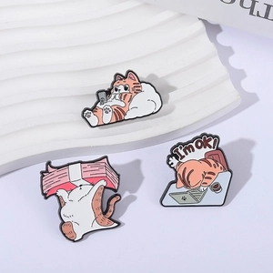 Enamel orange cat brooches set featuring cat on laptop and cloud in cute daily poses