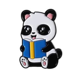 Cute panda enamel brooch featuring a black and white panda holding a blue book