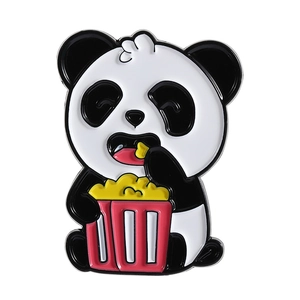Cute panda enamel brooch eating popcorn, minimalist black and white cartoon style pin