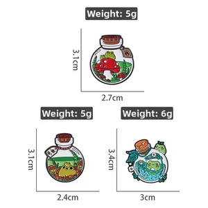 Detailed size guide of cute frog enamel pins with mushroom and floral designs
