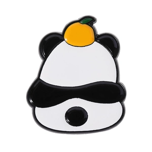 Cute panda enamel pin wearing sunglasses with an orange on head on white background