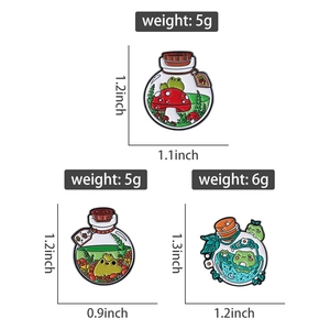Detailed size chart for enamel frog pins featuring mushroom and plant jar designs